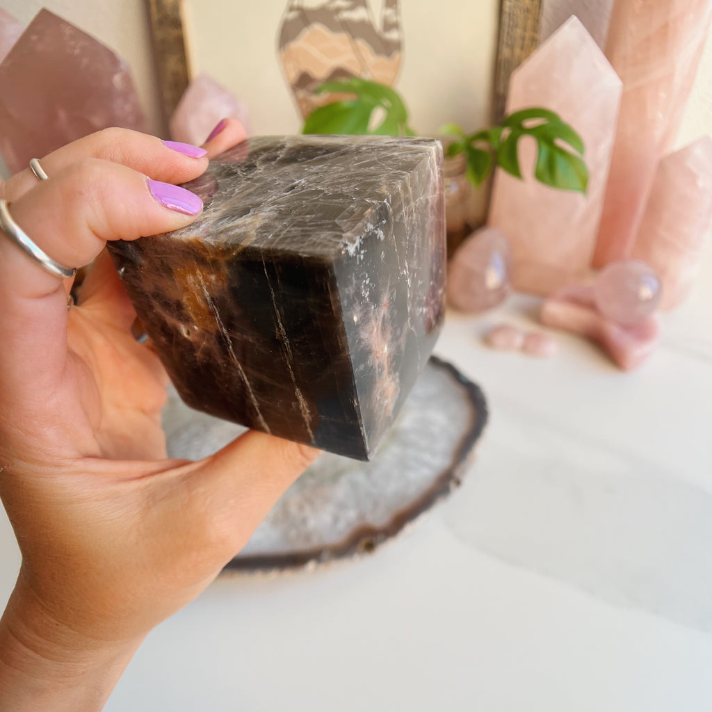 Black & Peach Moonstone Cube